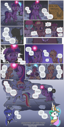 Size: 3000x5914 | Tagged: safe, artist:perfectblue97, applejack, princess celestia, princess luna, rainbow dash, twilight sparkle, alicorn, changeling, earth pony, pony, unicorn, comic:shadows of the past, g4, book, bucket, censor bar, censored, comic, crotchboobs, crying, delicious flat crotch, female, filly, glowing horn, horn, jewelry, modesty rectangle, nipples, nudity, regalia, royal sisters, siblings, sisters, speech bubble, teats, unicorn twilight, unnecessary censorship