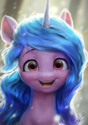 Size: 850x1200 | Tagged: safe, artist:assasinmonkey, izzy moonbow, pony, unicorn, g5, bust, cute, digital painting, female, izzybetes, lacrimal caruncle, looking at you, mare, open mouth, portrait, smiling, solo