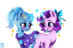 Size: 998x656 | Tagged: safe, alternate version, artist:meqiopeach, starlight glimmer, trixie, unicorn, alternate hairstyle, animated, babysitter trixie, blushing, bow, butt, clothes, crystal, cute, diatrixes, female, gameloft, gameloft interpretation, gem, gif, gift art, glimmerbetes, heart, heart eyes, hoodie, lesbian, looking at each other, pigtails, ponytail, shipping, smiling, starry eyes, stars, startrix, watermark, wingding eyes