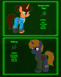 Size: 2474x3131 | Tagged: safe, artist:dyonys, oc, oc:buttercup, oc:rosemary "flippy" spice, pony, unicorn, fallout equestria, clothes, commission, cutie mark, fallout, female, high res, male, mare, pipbuck, reference sheet, stallion, text