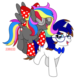 Size: 1146x1200 | Tagged: safe, artist:jennieoo, oc, oc:dazzle flash, oc:phantasia, pegasus, pony, unicorn, chat, chatting, flying, glasses, show accurate, small talk, walking