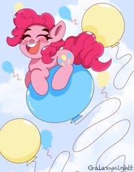 Size: 1300x1660 | Tagged: safe, artist:galaxynightt, pinkie pie, earth pony, pony, g4, balloon, cute, diapinkes, eyes closed, female, floating, flying, mare, open mouth, smiling, solo, that pony sure does love balloons, then watch her balloons lift her up to the sky