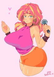 Size: 1400x2000 | Tagged: safe, artist:sozglitch, sunset shimmer, equestria girls, belly button, big breasts, breasts, busty sunset shimmer, clothes, female, heart, huge breasts, microphone, miniskirt, pink background, simple background, skirt, solo, spiked wristband, wristband