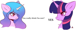 Size: 1380x541 | Tagged: source needed, useless source url, safe, artist:delta hronum, izzy moonbow, twilight sparkle, pony, unicorn, g4, g5, chest fluff, duo, female, mare, meme, nordic gamer, ponified meme, purple mane, purple skin, simple background, text, unicorn twilight, white background