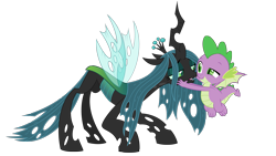 Size: 3307x1860 | Tagged: safe, artist:culu-bluebeaver, ocellus, queen chrysalis, spike, changeling, changeling queen, dragon, g4, crown, digital, digital art, duo, female, flying, horn, jewelry, looking at each other, male, queen chrysellus, regalia, ship:chryspike, shipping, simple background, smiling, straight, transparent background, vector, winged spike, wings