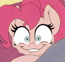 Size: 2048x1967 | Tagged: safe, artist:zokkili, pinkie pie, earth pony, pony, cakes for the memories, g4, my little pony: friendship is forever, bed, crazy face, faic, lip bite, looking at you, scene interpretation, solo