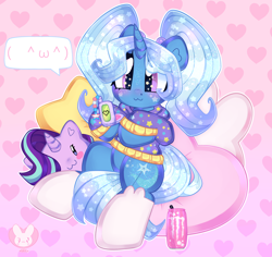 Size: 3700x3500 | Tagged: safe, artist:bunxl, starlight glimmer, trixie, pony, unicorn, g4, :3, alternate hairstyle, babysitter trixie, blushing, can, clothes, cute, diatrixes, ethereal mane, high res, hoodie, monster, pillow, sitting, socks, sparkly eyes, starry eyes, starry mane, starry tail, tail, text, wingding eyes