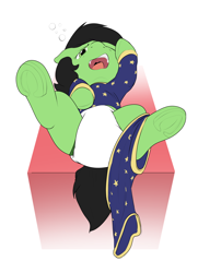 Size: 2288x3162 | Tagged: safe, artist:edrian, oc, oc only, oc:filly anon, pony, adoranon, changing table, clothes, cute, diaper, diaper change, diaper fetish, female, fetish, filly, floppy ears, frog (hoof), high res, hoof on head, hooves to the chest, legs in air, lidded eyes, looking at you, lying down, on back, one eye closed, open mouth, pajamas, pants, pants down, simple background, solo, spread legs, spreading, tired, underhoof, white background, white diaper, yawn