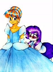 Size: 2541x3389 | Tagged: safe, artist:liaaqila, rarity, oc, oc:cold front, human, equestria girls, g4, cinderella, clothes, crossdressing, cute, disney princess, dress, ear piercing, earring, equestria girls-ified, evening gloves, glasses, gloves, gown, hairband, high res, jewelry, long gloves, piercing, princess costume, skirt, smiling, top, traditional art