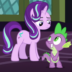 Size: 710x710 | Tagged: safe, screencap, spike, starlight glimmer, dragon, pony, unicorn, a hearth's warming tail, g4, season 6, cropped, cute, duo, female, frown, grin, lidded eyes, looking at each other, male, mare, smiling, spikabetes
