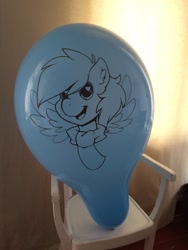 Size: 2448x3264 | Tagged: safe, artist:fizzynebula, oc, oc only, oc:bolty, pegasus, pony, balloon, bust, chair, clothes, cute, ear fluff, feathered wings, heart eyes, high res, irl, male, open mouth, photo, scarf, solo, spread wings, stallion, wingding eyes, wings