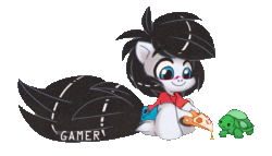 Size: 600x344 | Tagged: safe, artist:thegamercolt, oc, oc only, oc:thegamercolt, earth pony, turtle, anthro, animated, big tail, fluffy, foal, food, gif, pizza, solo