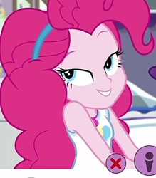 Size: 420x480 | Tagged: safe, screencap, pinkie pie, do it for the ponygram!, equestria girls, g4, my little pony equestria girls: better together, beautiful, cute, geode of sugar bombs, headband, lidded eyes, magical geodes, smiling
