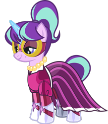 Size: 1329x1523 | Tagged: safe, alternate version, anonymous artist, derpibooru exclusive, starlight glimmer, stepford ponies, pony, unicorn, g4, .svg available, bedroom eyes, clothes, dress, eyelashes, female, goggles, horn, jewelry, latex, latex dress, latex suit, makeup, mare, mask, masked matter-horn costume, necklace, pearl necklace, power ponies, simple background, smiling, solo, svg, transparent background, vector