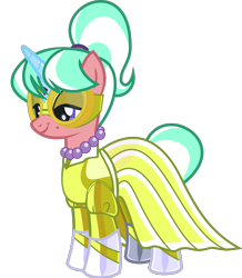 Size: 1329x1523 | Tagged: safe, anonymous artist, derpibooru exclusive, stepford ponies, pony, unicorn, g4, .svg available, bedroom eyes, clothes, dress, eyelashes, female, goggles, horn, jewelry, latex, latex dress, latex suit, makeup, mare, mask, masked matter-horn costume, necklace, pearl necklace, power ponies, simple background, smiling, solo, svg, transparent background, vector