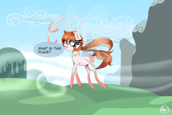 Size: 2000x1333 | Tagged: safe, artist:plaguemare, oc, oc only, oc:chip breeze, breezie, antennae, big eyes, body markings, breezie oc, cloud, confused, dialogue, eyelashes, female, flying, hill, long mane, mare, mountain, solo, talking, wind, wings