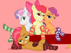 Size: 792x594 | Tagged: safe, artist:definitelynotme, artist:jaxonian, edit, apple bloom, babs seed, scootaloo, sweetie belle, earth pony, pegasus, pony, unicorn, ask fapplebloom, g4, 1000 hours in ms paint, armpits, ask, babe seed, bed, bedroom eyes, blank flank, clothes, cutie mark crusaders, fapplebloom, female, looking at you, ponies in socks, sexy, smiling, socks, striped socks, teasing, tumblr