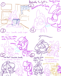 Size: 4779x6013 | Tagged: safe, artist:adorkabletwilightandfriends, moondancer, spike, starlight glimmer, twilight sparkle, alicorn, dragon, pony, unicorn, comic:adorkable twilight and friends, g4, adorkable, adorkable twilight, bad breath, blowing, book, breath, chocolate, clothes, comic, couch, cute, dork, duo, female, fireplace, flirting, food, fresh breath, friendship, humor, majestic as fuck, male, mint, mouth, onion, rain, sitting, slice of life, submarine sandwich, subtle as a train wreck, sweater, tongue out, twilight sparkle (alicorn)
