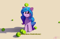 Size: 4100x2700 | Tagged: safe, artist:potato22, izzy moonbow, pony, unicorn, g5, ball, cute, female, high res, horn, horn guard, horn impalement, hornball, izzy's tennis ball, izzybetes, mare, simple background, smiling, solo, subtitles, tennis ball, that pony sure does love tennis balls, yellow background