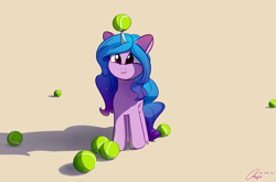 Size: 4100x2700 | Tagged: safe, alternate version, artist:potato22, izzy moonbow, pony, unicorn, g5, ball, cute, female, high res, horn, horn guard, horn impalement, hornball, izzy's tennis ball, izzybetes, mare, simple background, smiling, solo, tennis ball, yellow background