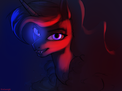 Size: 1600x1200 | Tagged: safe, artist:kirasunnight, nightmare moon, princess luna, alicorn, pony, g4, blue light, duality, fangs, female, looking at you, mare, red light, signature, slit pupils, solo