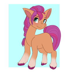 Size: 1280x1339 | Tagged: safe, artist:thestarsofpines, sunny starscout, earth pony, pony, g5, abstract background, braid, female, mare, simple background, smiling, solo, transparent background, unshorn fetlocks