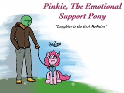 Size: 2732x2048 | Tagged: safe, artist:datzigga, pinkie pie, oc, oc:anon, earth pony, human, pony, g4, boots, clothes, emotional support animal, eye contact, female, high res, leash, looking at each other, male, mare, pants, shoes, sitting, smiling, sweater, vest