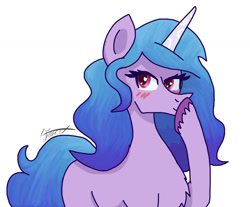 Size: 1024x848 | Tagged: safe, artist:ma5teroftheuniv3rse, izzy moonbow, pony, unicorn, g5, blushing, chest fluff, female, looking at you, mare, raised hoof, signature, simple background, solo, unshorn fetlocks, white background