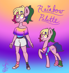 Size: 1242x1311 | Tagged: safe, artist:erynerikard, oc, oc only, oc:rainbow palette, earth pony, anthro, anthro oc, clothes, converse, earth pony oc, gradient background, leg warmers, multicolored hair, off shoulder, shoes, shorts, socks