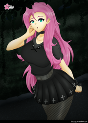 Size: 1402x1942 | Tagged: safe, artist:clouddg, fluttershy, equestria girls, g4, big breasts, breasts, busty fluttershy, clothes, dress, ear piercing, female, fluttergoth, minidress, multiple variants, piercing, solo