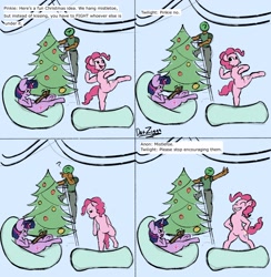 Size: 2154x2211 | Tagged: safe, artist:datzigga, pinkie pie, twilight sparkle, oc, oc:anon, earth pony, human, pony, unicorn, g4, bipedal, christmas, christmas tree, comic, female, hearth's warming, high res, holiday, mare, tree