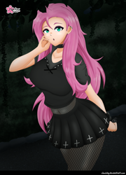 Size: 1402x1942 | Tagged: safe, alternate version, artist:clouddg, fluttershy, human, equestria girls, g4, big breasts, breasts, busty fluttershy, clothes, dress, ear piercing, female, fluttergoth, goth, human coloration, humanized, looking at you, minidress, multiple variants, piercing, solo, stockings, thigh highs