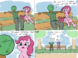 Size: 2732x2048 | Tagged: safe, artist:datzigga, pinkie pie, oc, oc:anon, earth pony, human, pony, g4, bench, cute, diapinkes, high res, pinkie sense, tree