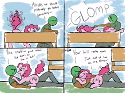 Size: 2732x2048 | Tagged: safe, artist:datzigga, pinkie pie, oc, oc:anon, earth pony, human, pony, g4, bench, cute, diapinkes, glomp, high res, human on pony snuggling, pinkie sense, snuggling