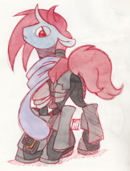 Size: 758x1000 | Tagged: artist needed, safe, oc, oc only, oc:corentin, pony, unicorn, fallout equestria, armor, armored pony, clothes, curved horn, horn, pipbuck, scarf, solo, traditional art