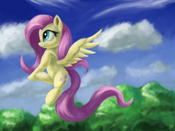 Size: 4000x3000 | Tagged: safe, artist:flusanix, fluttershy, pegasus, pony, g4, cloud, cute, daaaaaaaaaaaw, female, flying, high res, looking up, mare, outdoors, profile, shyabetes, signature, sky, smiling, solo, spread wings, tree, wings