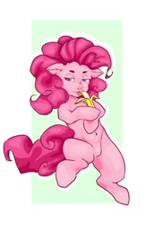 Size: 1300x2000 | Tagged: safe, artist:assfecal, pinkie pie, earth pony, pony, g4, abstract background, banana, bedroom eyes, featureless crotch, female, food, herbivore, licking, mare, solo, suggestive eating, tongue out
