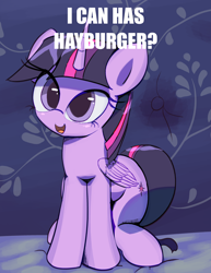 Size: 2780x3605 | Tagged: safe, artist:vultraz, twilight sparkle, alicorn, pony, g4, cute, high res, i can has, i can has cheezburger, lolcat, looking at you, meme, ponified animal photo, ponified meme, solo, that pony sure does love burgers, twiabetes, twilight burgkle, twilight sparkle (alicorn)