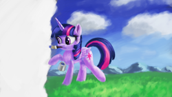 Size: 4000x2250 | Tagged: safe, artist:flusanix, twilight sparkle, alicorn, pony, g4, cloud, female, fourth wall, grass, mare, mountain, mountain range, mouth hold, paint can, paintbrush, painting, sky, solo, twilight sparkle (alicorn)