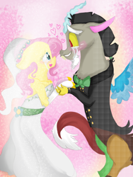 Size: 3120x4160 | Tagged: safe, artist:cocolove2176, discord, fluttershy, draconequus, pegasus, anthro, g4, abstract background, arm hooves, bipedal, blushing, chest fluff, clothes, crying, dress, female, heart, holding hands, jewelry, male, mare, necklace, open mouth, ship:discoshy, shipping, smiling, straight, suit, tears of joy, wedding dress, wings