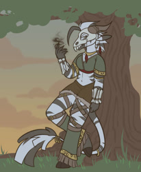 Size: 449x544 | Tagged: safe, artist:rockin_candies, oc, oc only, oc:shauri (amity), zebra, anthro, unguligrade anthro, bone, clothes, female, jewelry, leaning, magic, midriff, necklace, ring, skirt, skull, tail, tail ring, tree, tribal