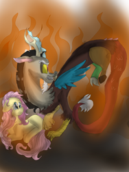 Size: 3120x4160 | Tagged: safe, artist:cocolove2176, discord, fluttershy, draconequus, pegasus, pony, g4, female, flying, looking back, male, mare, protecting, ship:discoshy, shipping, straight, wings