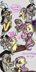 Size: 1080x2160 | Tagged: safe, artist:cocolove2176, discord, fluttershy, draconequus, pegasus, pony, g4, bust, dialogue, eyelashes, female, male, mare, open mouth, ship:discoshy, shipping, smiling, straight, wings