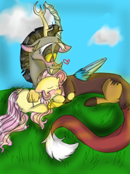 Size: 899x1200 | Tagged: safe, artist:cocolove2176, discord, fluttershy, draconequus, pegasus, pony, g4, blushing, cloud, eyes closed, female, grass, heart, lying down, male, mare, prone, ship:discoshy, shipping, sleeping, straight, wings