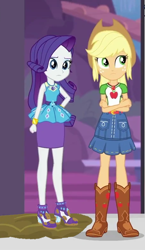 Size: 457x790 | Tagged: safe, artist:thedarkpony, edit, edited screencap, screencap, applejack, rarity, equestria girls, equestria girls specials, g4, my little pony equestria girls: better together, my little pony equestria girls: rollercoaster of friendship, cropped, crossed arms, geode of shielding, geode of super strength, magical geodes, mud, mud edit, muddy shoes, rarity peplum dress
