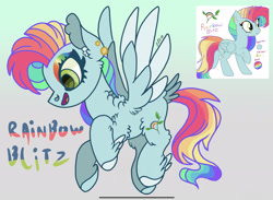 Size: 2283x1668 | Tagged: safe, artist:caramelbolt24, oc, oc only, oc:rainbow blitz, pegasus, pony, abstract background, colored hooves, ear fluff, eyelashes, feathered fetlocks, female, flying, magical lesbian spawn, mare, multicolored hair, offspring, open mouth, parent:fluttershy, parent:rainbow dash, parents:flutterdash, pegasus oc, rainbow hair, raised hoof, signature, smiling, two toned wings, wings