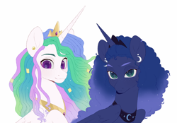 Size: 1280x893 | Tagged: safe, artist:delzol, princess celestia, princess luna, alicorn, pony, g4, alternate hairstyle, duo, ear piercing, piercing, royal sisters, siblings, simple background, sisters, white background