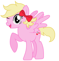 Size: 400x420 | Tagged: safe, artist:partiallybatty, oc, oc:cherry twist, pegasus, pony, bow, commission, female, mare, one eye closed, open mouth, raised hoof, raised leg, simple background, transparent background