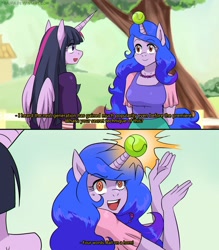 Size: 1736x1980 | Tagged: safe, artist:traupa, izzy moonbow, twilight sparkle, alicorn, unicorn, anthro, g5, anime style, arm behind back, ball, duo, female, horn, horn guard, hornball, izzy's tennis ball, jewelry, necklace, open mouth, purple mane, purple skin, starry eyes, subtitles, sweat, sweatdrop, tennis ball, twilight sparkle (alicorn), wingding eyes, wings