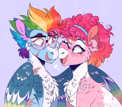 Size: 1268x1112 | Tagged: safe, artist:wanderingpegasus, pinkie pie, rainbow dash, earth pony, pegasus, pony, g4, :p, alternate hairstyle, blushing, boop, chest fluff, female, freckles, glasses, hairband, hug, jewelry, lesbian, mare, markings, necklace, noseboop, one eye closed, open mouth, redesign, ring, scar, ship:pinkiedash, shipping, tongue out, wedding ring, winghug, wings, wink
